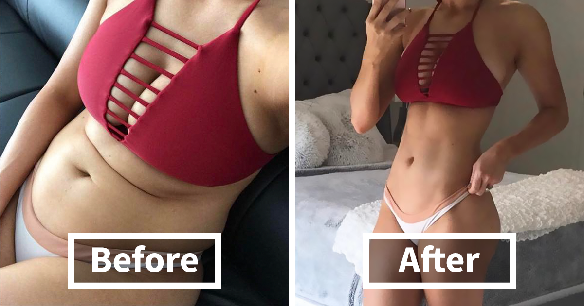 Before and after photos showing the difference in body shape with good posture versus bad posture in a red bikini top.