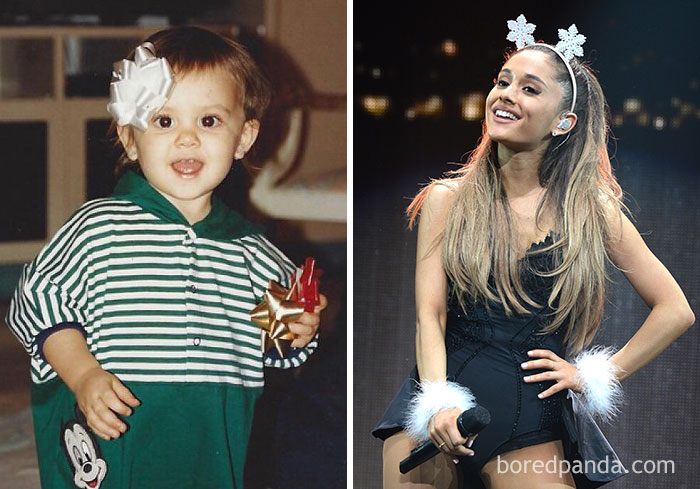 Young celebrity holding holiday bows contrasted with the same star performing on stage, showcasing rare celebrity childhood photos.