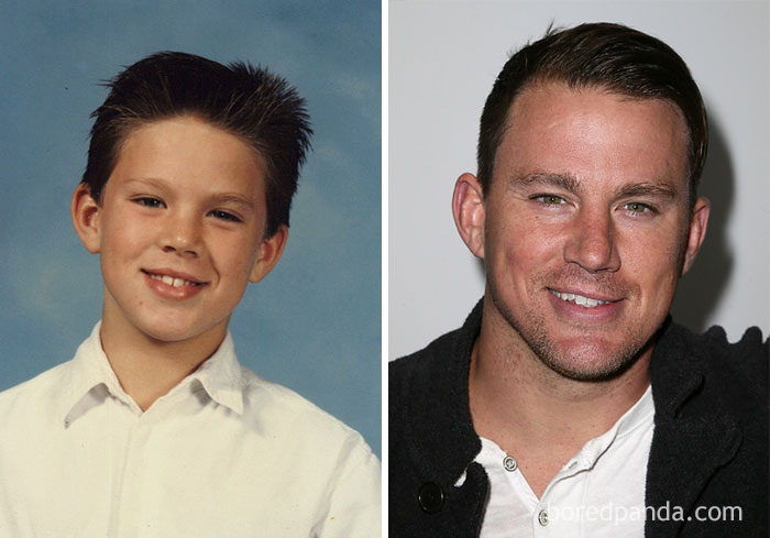 Side-by-side photos of a celebrity child and adult, illustrating rare celebrity childhood photos of stars.