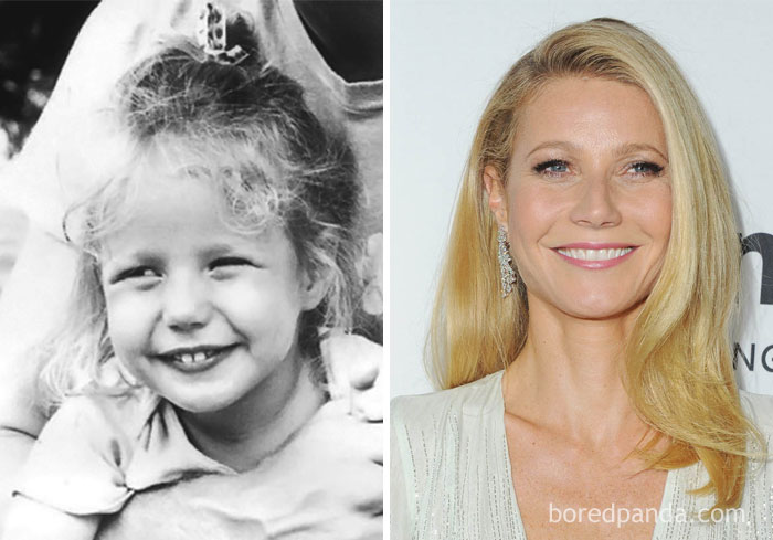 Rare celebrity childhood photos showing a young girl with curly hair beside a current image of a smiling blonde star.