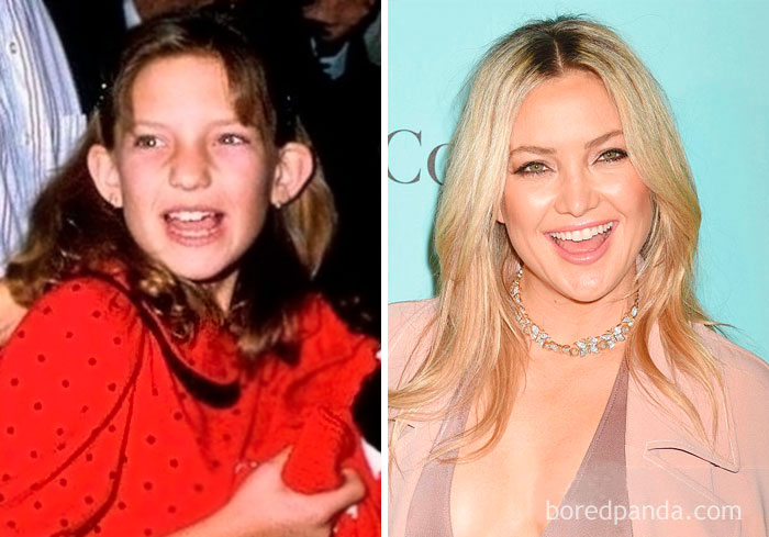 Side-by-side rare celebrity childhood photos showing barely recognizable stars before and after fame.
