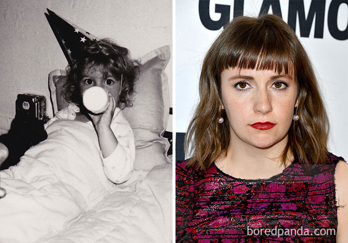 Rare celebrity childhood photo of a young girl wearing a party hat drinking from a bottle in bed.