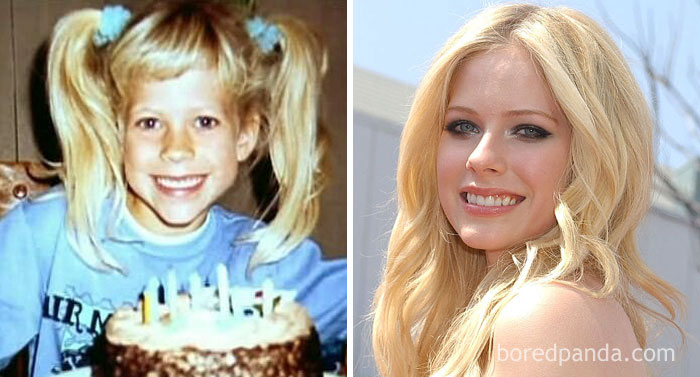 Side-by-side rare celebrity childhood photo and recent image of a blonde female star smiling outdoors.
