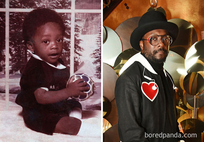 Rare celebrity childhood photo of a young star holding a ball, shown with a recent image in a side-by-side comparison.