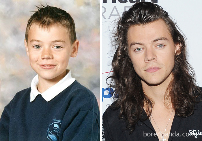 Side-by-side rare celebrity childhood photos showing barely recognizable stars with distinct youthful and adult appearances