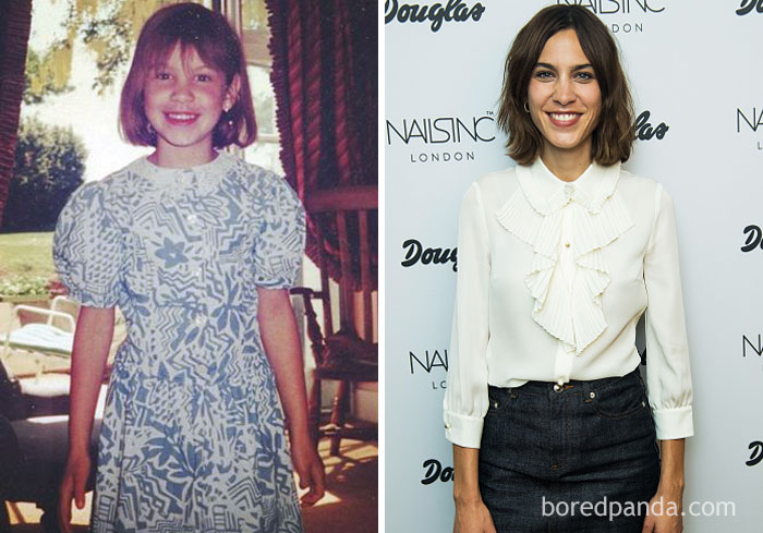 Rare celebrity childhood photos showing a girl in a blue dress beside her adult photo at a public event.