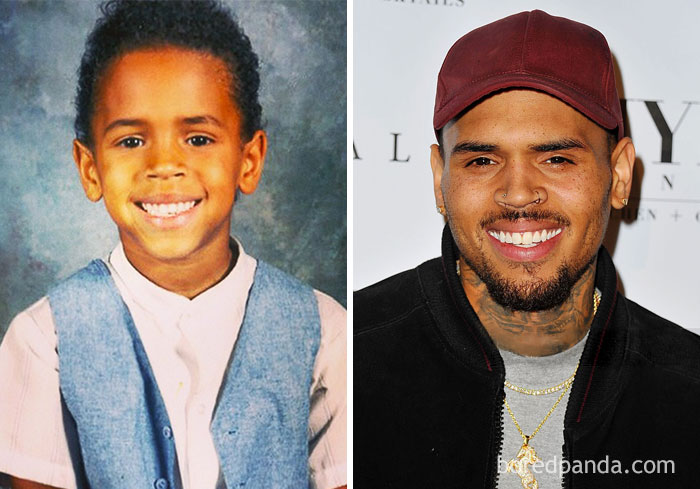 Rare celebrity childhood photo showing a young boy smiling next to a recent photo of the same barely recognizable star.