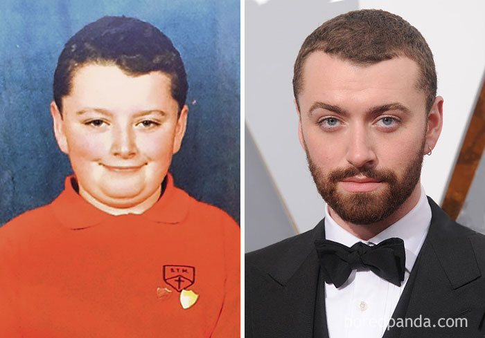 Side-by-side rare celebrity childhood photo and current star at a formal event, showing barely recognizable transformation.