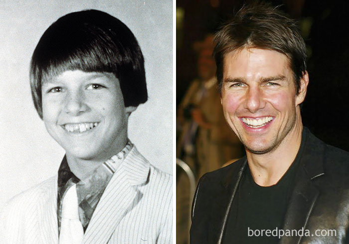 Side-by-side rare celebrity childhood photo and current image showing barely recognizable stars with big smiles and different hairstyles.