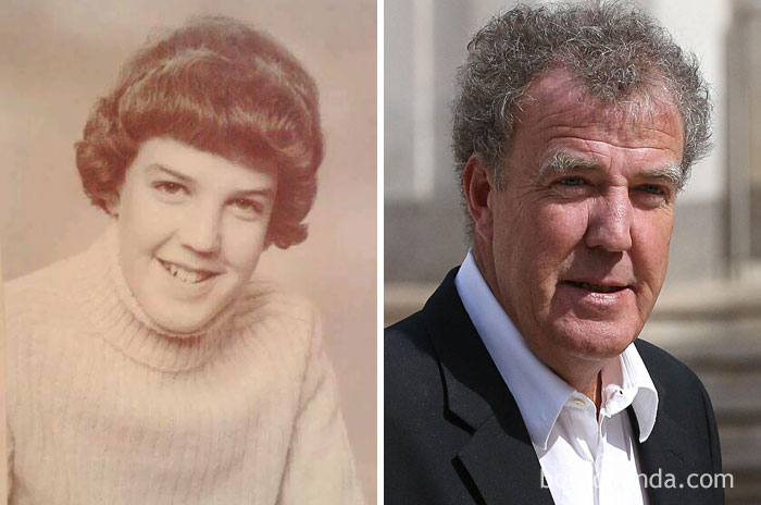 Rare celebrity childhood photo showing a young boy with curly hair and a white sweater compared to adult celebrity star.