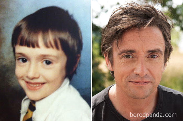 Rare celebrity childhood photo showing a barely recognizable young boy beside his adult portrait outdoors in natural light.