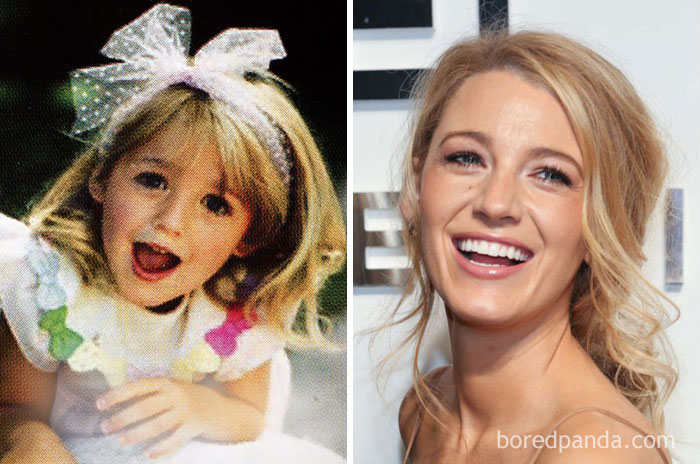 Rare celebrity childhood photo of a young girl with blonde hair next to her current smiling adult image showing barely recognizable stars.