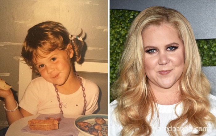 Rare celebrity childhood photo of a young girl with pigtails beside a recent image of her as an adult star with long blonde hair.