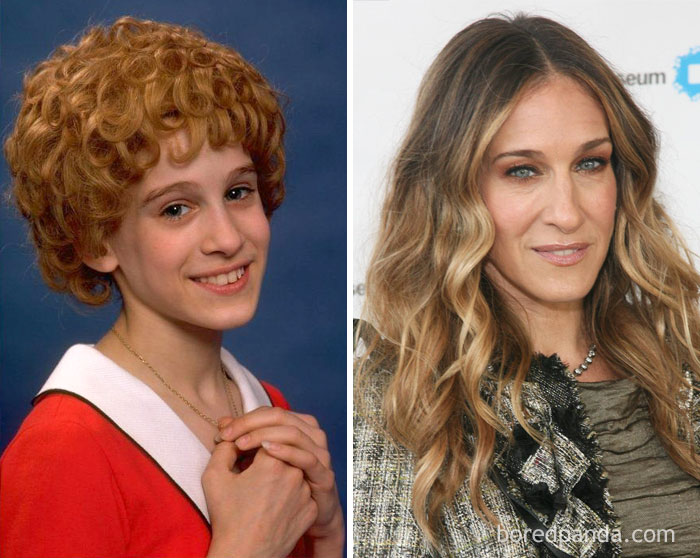 Rare celebrity childhood photo showing a young girl with curly hair alongside her adult image at a public event.