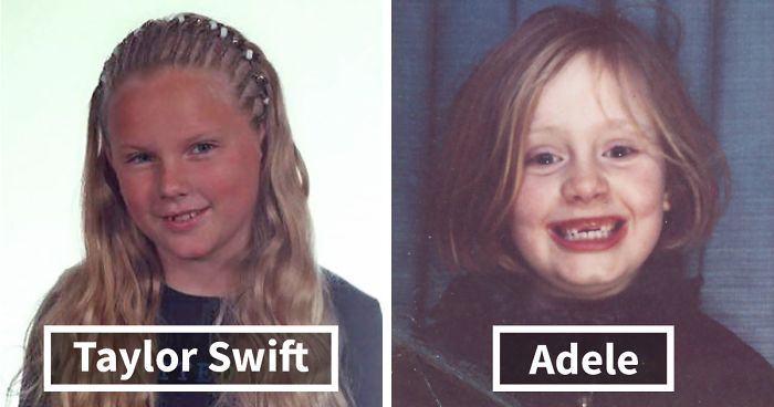 Rare celebrity childhood photos of Taylor Swift and Adele showing barely recognizable stars with youthful smiles and hairstyles.