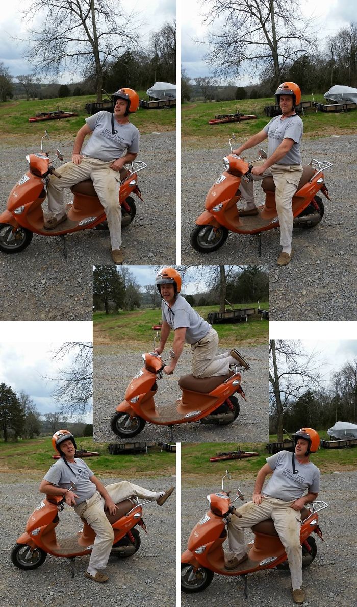 Dad humor: man in helmet striking funny poses on an orange scooter, set in a rural area.
