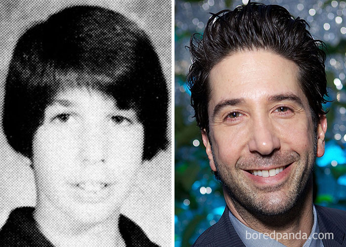 Rare celebrity childhood photo showing a barely recognizable star alongside their current smiling portrait image.