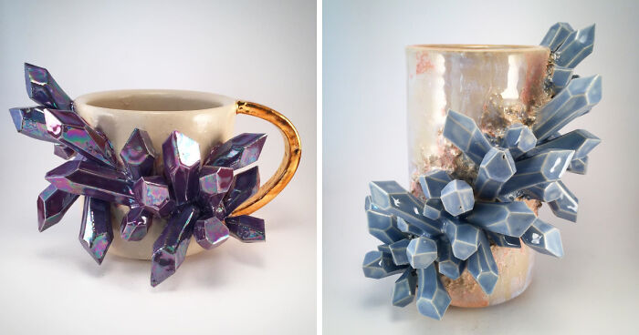 I Create Ceramic Pieces With Giant Sculpted Crystals Growing Out Of Them