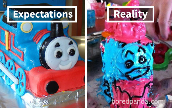 beautiful Tomas the train cake (left), bad-looking Tomas the train cake (right)