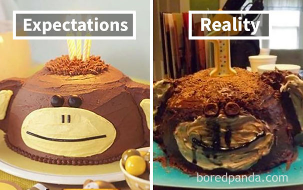 beautiful cake in a form of monkey head with candles (left), bad-looking cake in a form of monkey head (right)