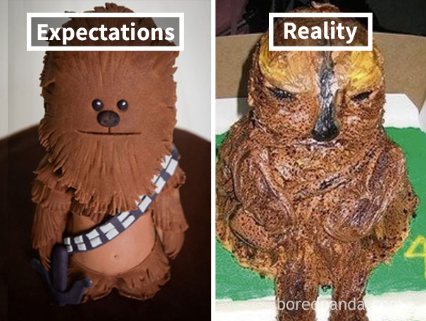 beautiful Wookiee cake (left), horrible Wookiee cake (right)