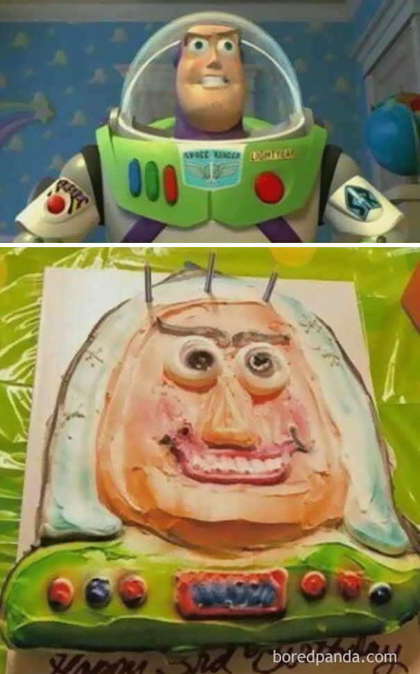 Buzz Lightyear view (up), bad-looking Buzz Lightyear cake (down)
