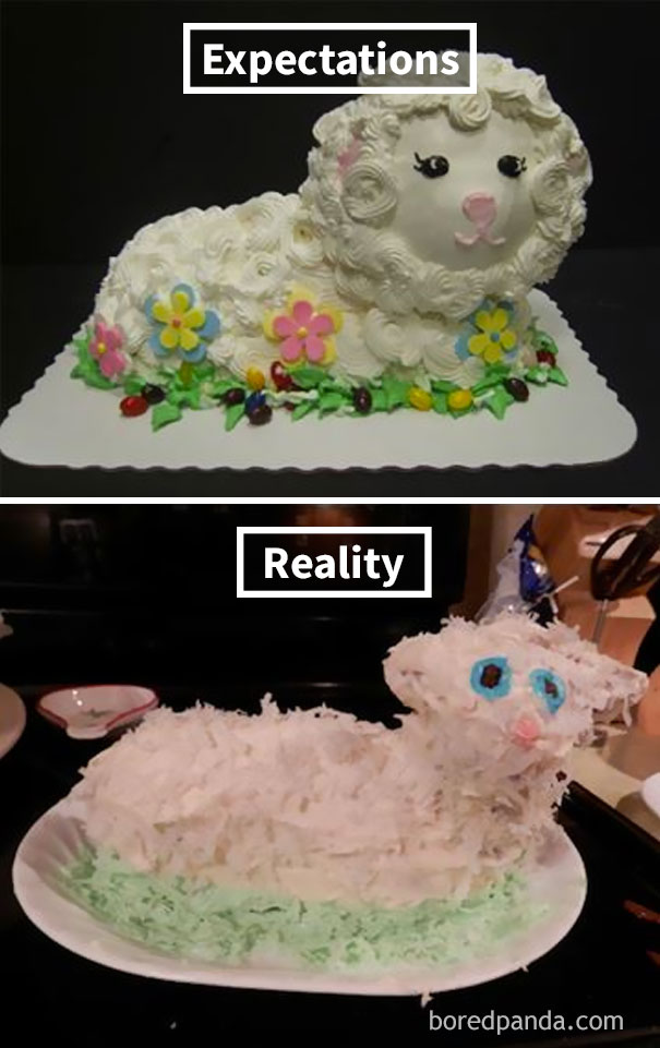 beautiful sheep birthday cake (up), crooked sheep birthday cake (down)