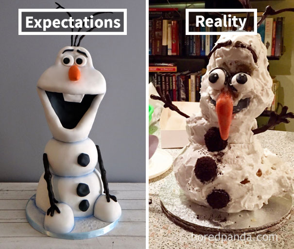beautiful Olaf cake (left), sloppy Olaf cake (right)