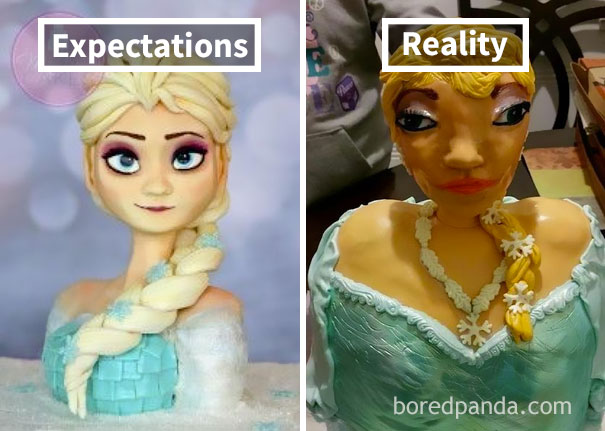 beautiful Elsa cake (left), unattractive Elsa cake (right)