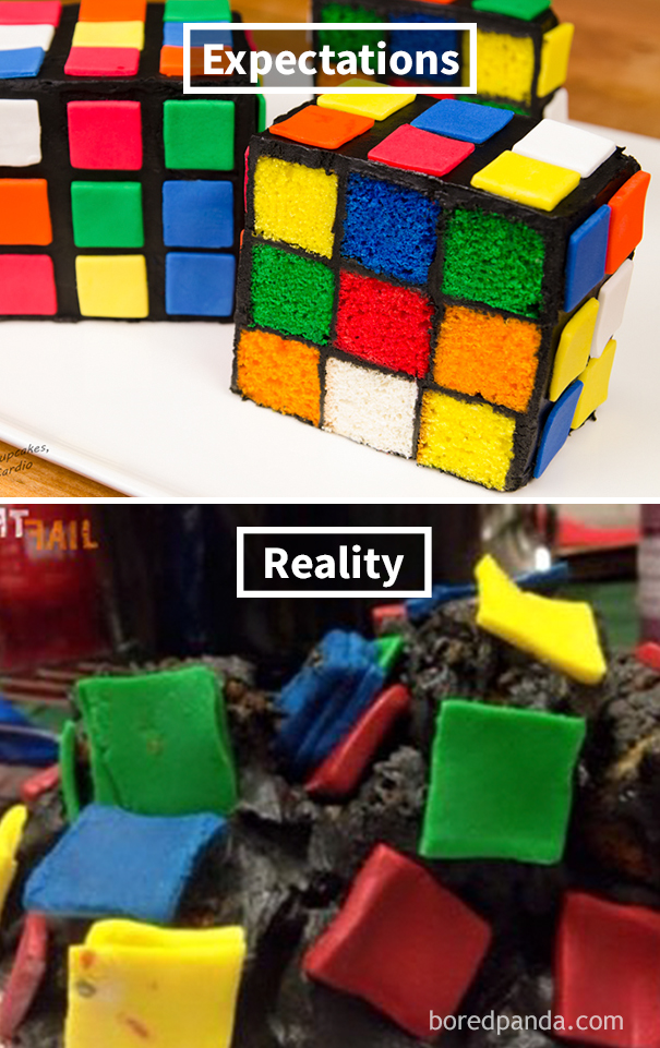 colorful Rubik's cube cake (up), deformed Rubik's cube cake (down)