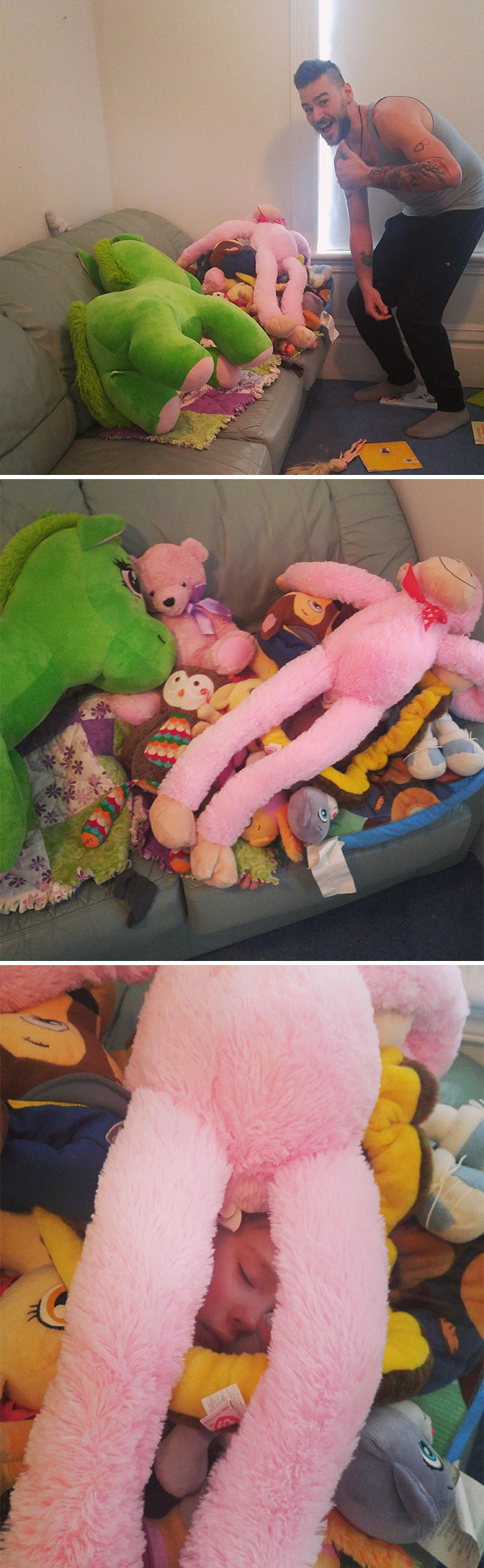 Dad's joke involves a baby hidden among plush toys on a couch.