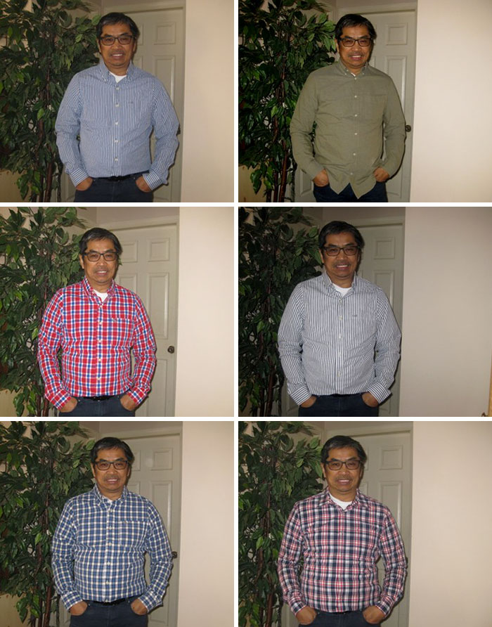 "Man in various plaid shirts, showcasing dad jokes with identical poses and background."