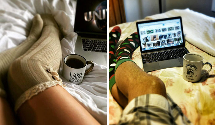 Dad jokes taken to another level; cozy coffee moments with laptops and playful socks in bed.