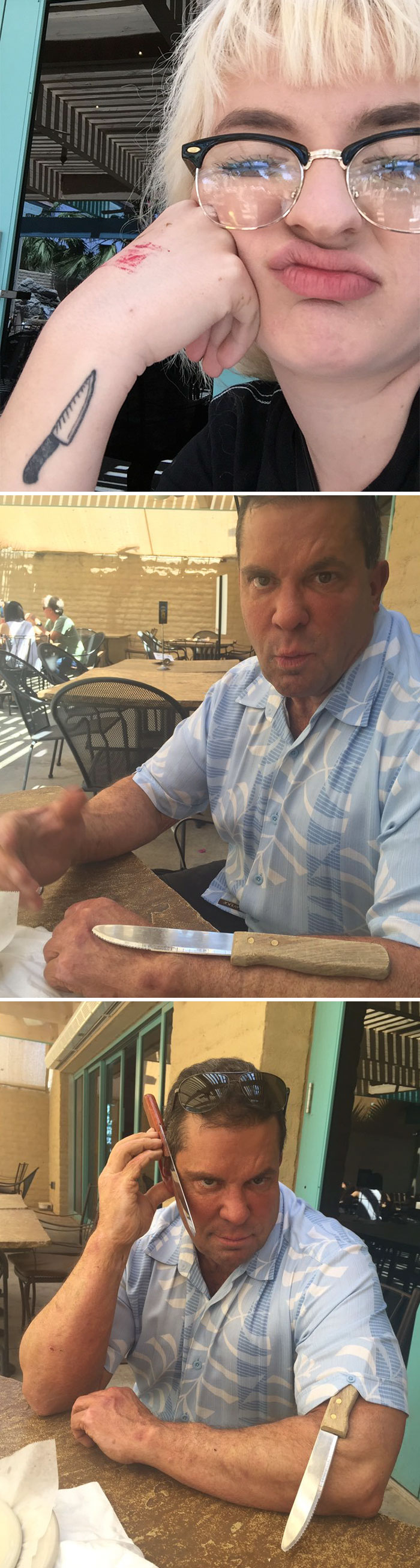 Dad humor with a knife on his arm, pretending it's a phone at an outdoor table.