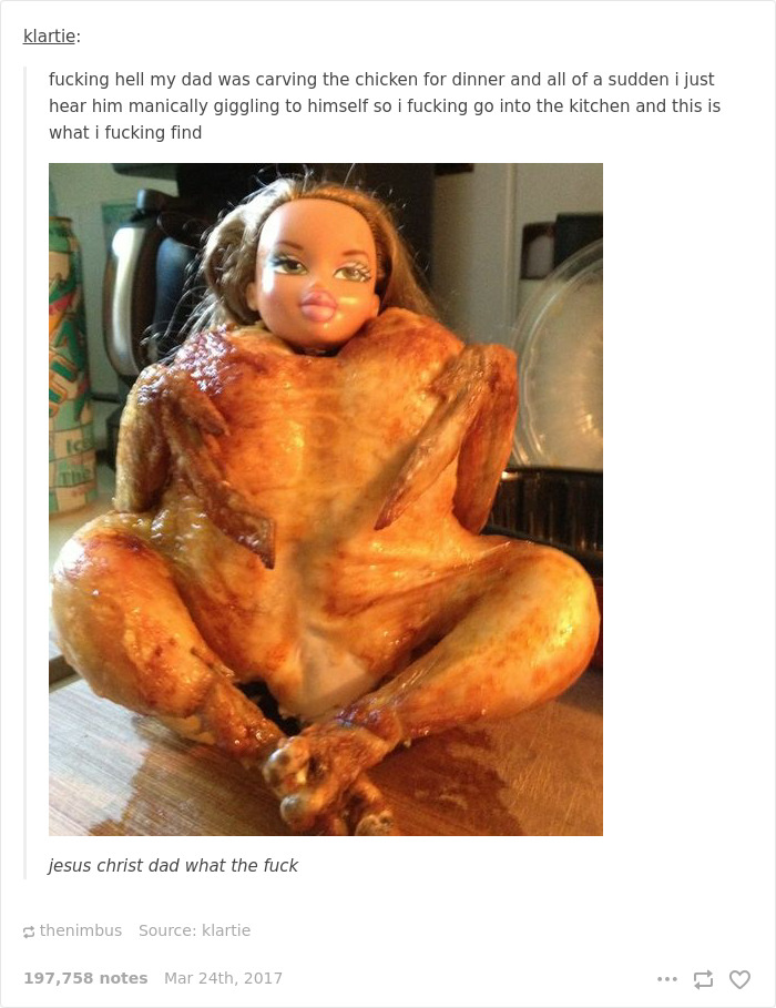 Dad's joke taken to another level with a doll head on a cooked chicken, creating a humorous scene in the kitchen.