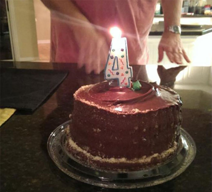 Dad joke with a cake and number 4 candle, showing humor at another level.