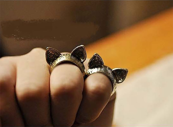 Dads taking jokes to another level with cat ear rings on fingers.