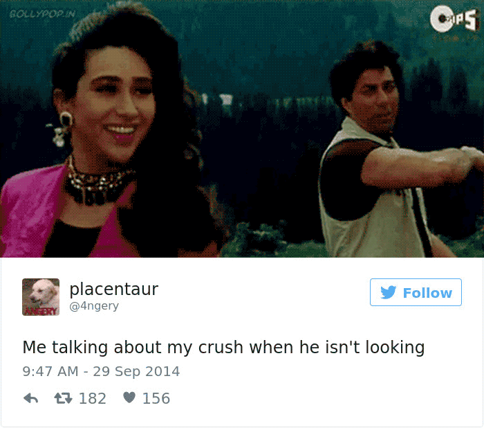GIF of a woman smiling, captioned with a humorous tweet about dating and crushes.