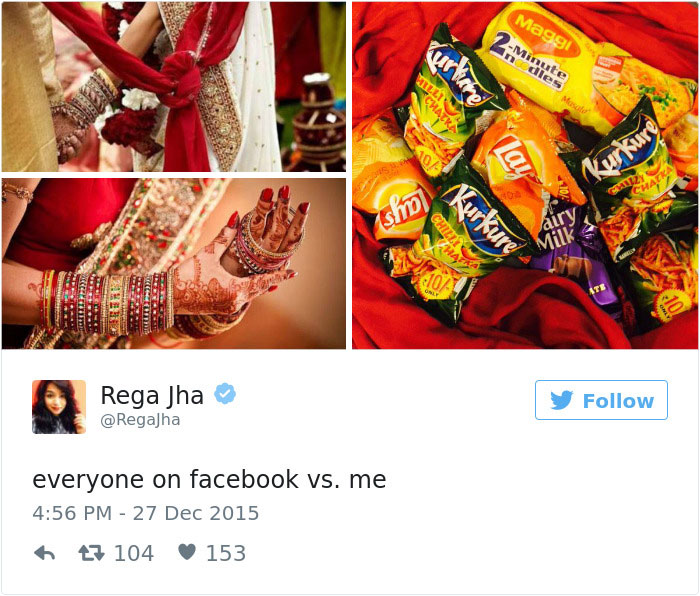 Split image: Traditional wedding attire on left, snacks on right; tweet humorously contrasts dating life.