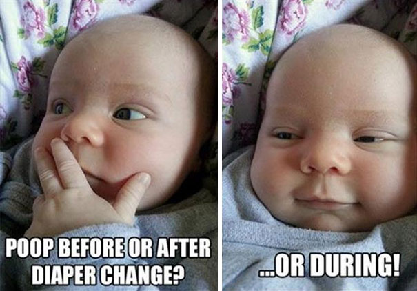 Baby with humorous expression about diaper change timing, highlighting parenting meme humor.