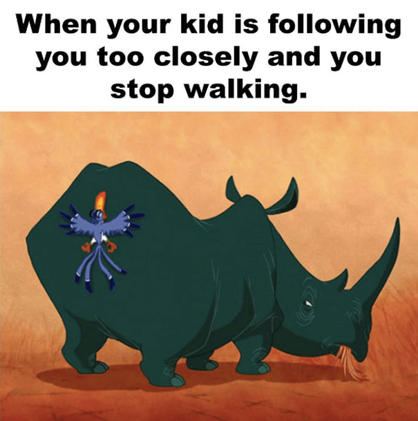 A humorous parenting meme showing a bird bumping into a rhino's rear, captioned about kids following too closely.
