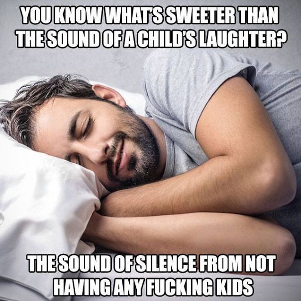 Man sleeping peacefully, caption about parenting humor and child-free silence.