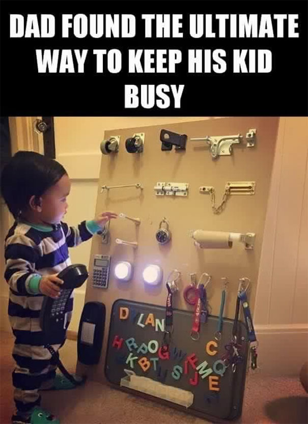 Toddler engaging with a busy board featuring locks and latches, illustrating a creative parenting meme.