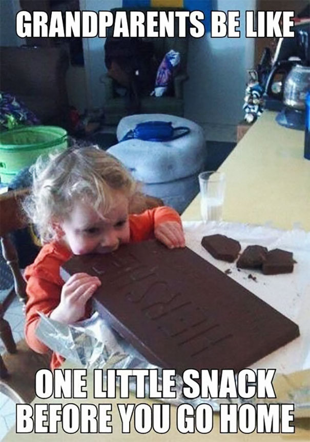 Child biting large chocolate bar; parenting meme humor.