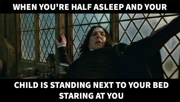 Parenting meme showing a startled person waking up when a child is staring at them, capturing a relatable parenting moment.