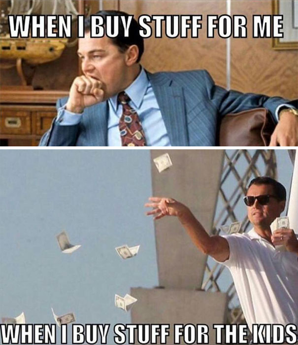 Parenting meme: contrasting spending habits for personal vs. children's purchases, highlighting humorous parenting dynamics.