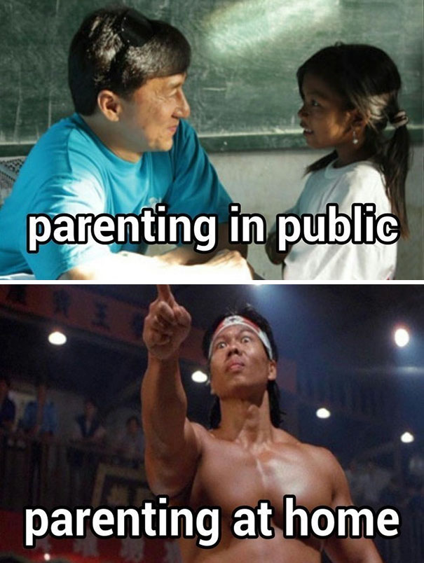Two parenting memes: "Parenting in public" with a calm scene, and "Parenting at home" with an intense expression.