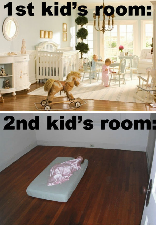 Parenting meme showing a luxurious first child's room versus a minimalist second child's room with a mattress on the floor.