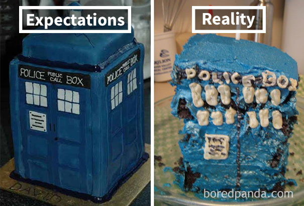 beautiful turdis box cake (left), bad-looking turdis box cake (right)