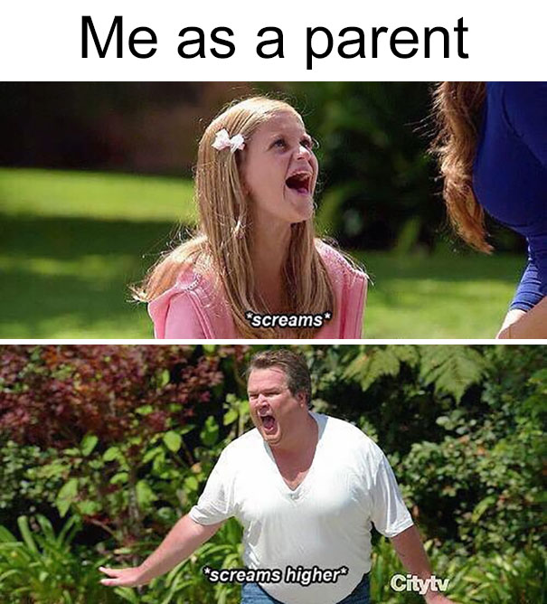 Parenting meme featuring a child and adult both screaming in different scenes.